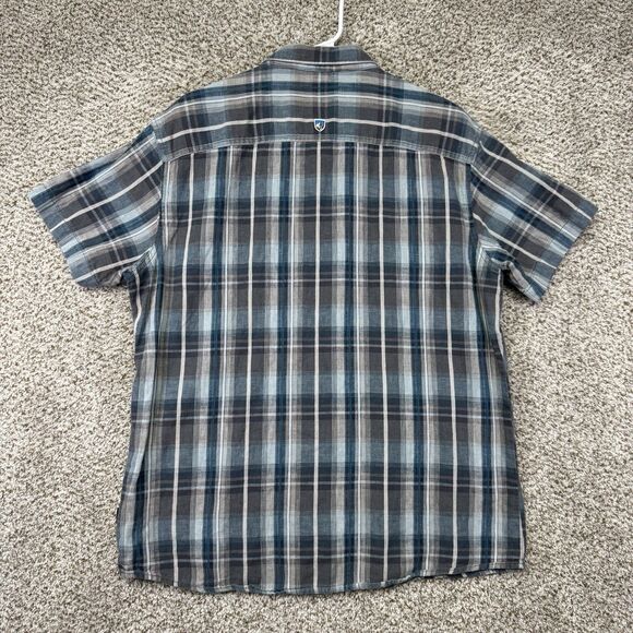Kuhl Shirt Men's XL Blue Plaid Short Sleeve Button Up Linen Tapered Fit Hiking - Picture 16 of 16